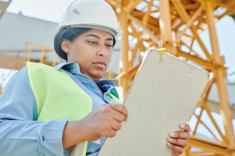 engenheira de obra com prancheta checando projeto